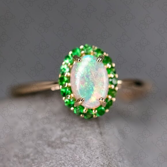 14K Yellow Gold Engagement Ring featuring Australian Opal Halo Tsavorite - Picture 1 of 5